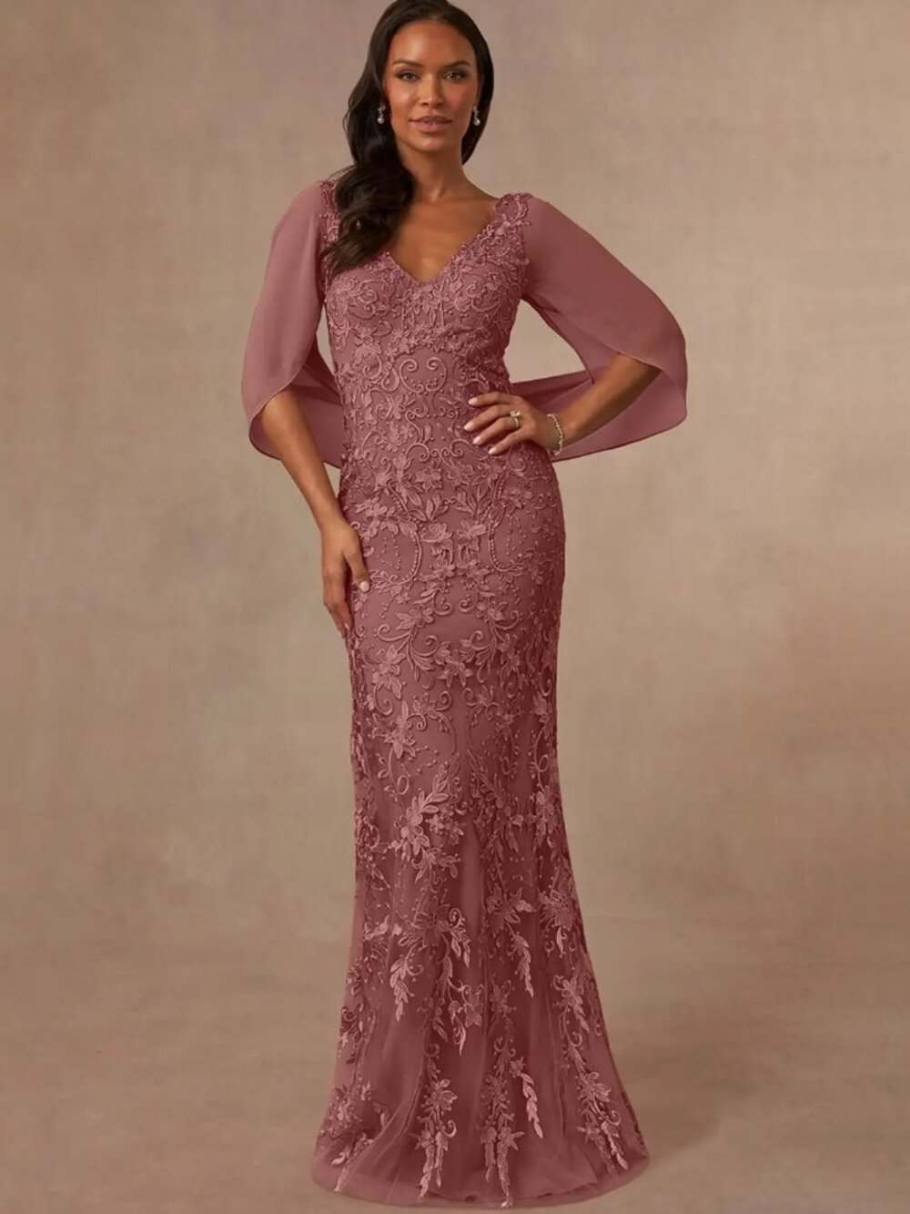 Azazie Mauve Lace V-Neck Cape Sleeve Wedding Dress